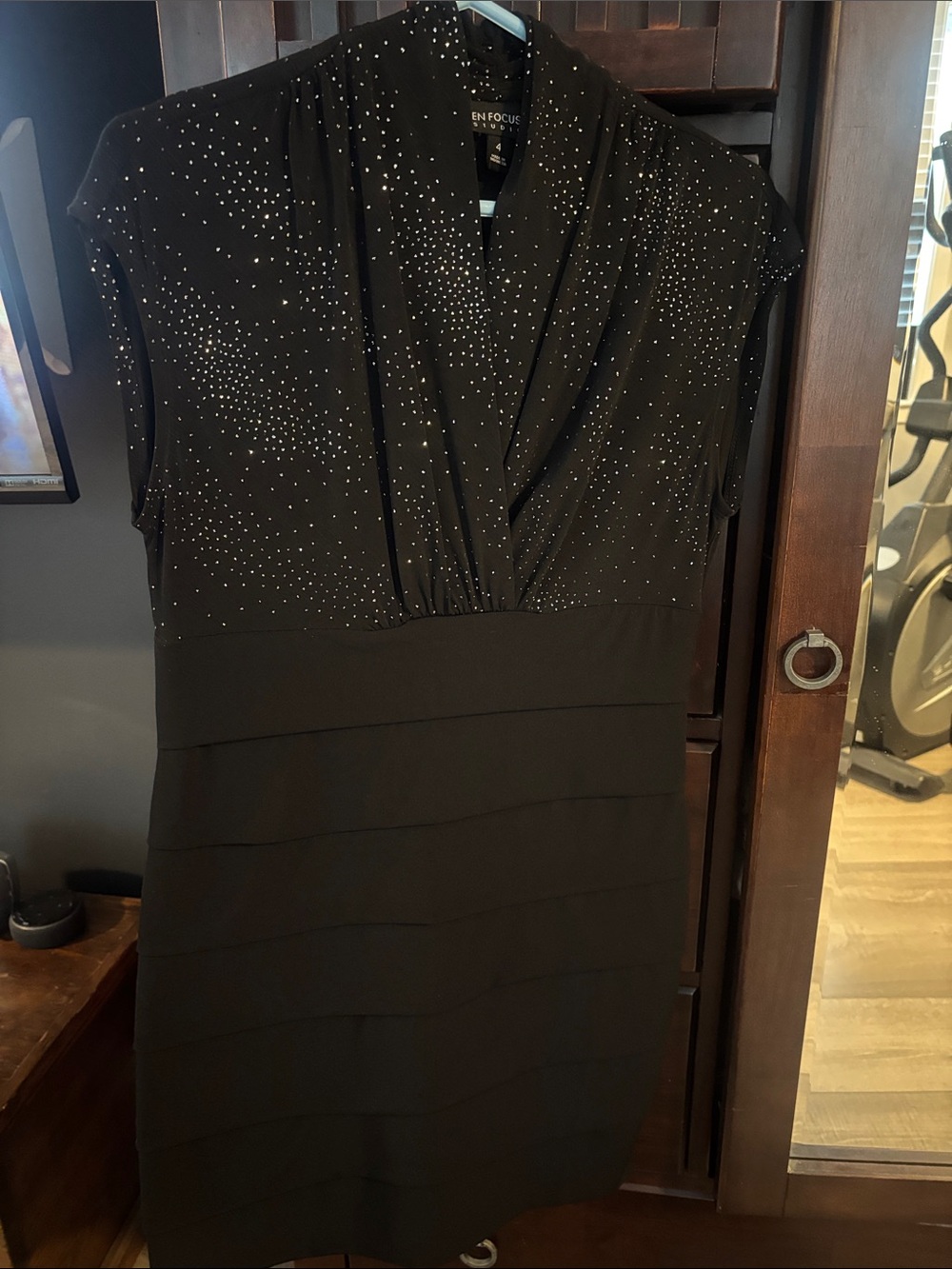 Enfocus Studio Black V-Neck Midi Dress with Rhinestone Detail